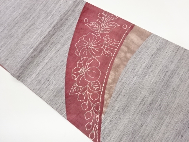 手織り紬切り嵌め刺し子辻が花模様袋帯